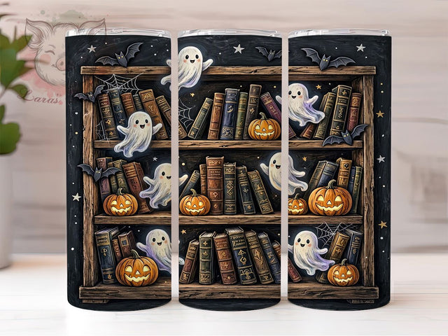 Haunted Ghost Bookshelf 20oz Tumbler, Ghost Motif, Haunted Theme, Bookshelf Art Design, Spooky Accent, Whimsical Charm, Sublimation Wrap, 20oz Tumbler Sublimation Lara' s Designs 