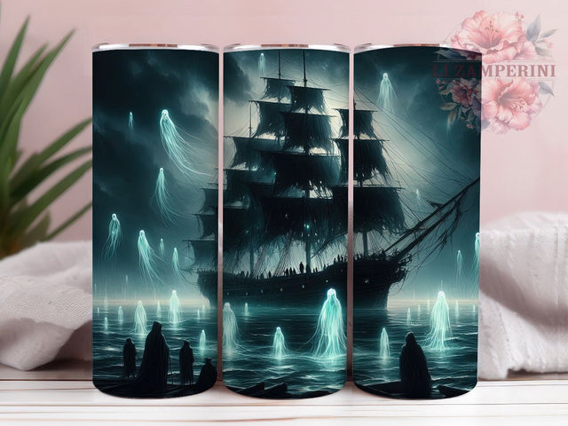Haunted Ghost Ship Pirate Tumbler, Haunted Pirate Wrap, Gothic Nautical PNG, 20oz Sublimation Design, Skeleton Crew Cup, Dark Ocean Art, Spooky Sea Tumbler Sublimation Li Zamperini 