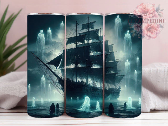 Haunted Ghost Ship Pirate Tumbler, Haunted Pirate Wrap, Gothic Nautical PNG, 20oz Sublimation Design, Skeleton Crew Cup, Dark Ocean Art, Spooky Sea Tumbler Sublimation Li Zamperini 