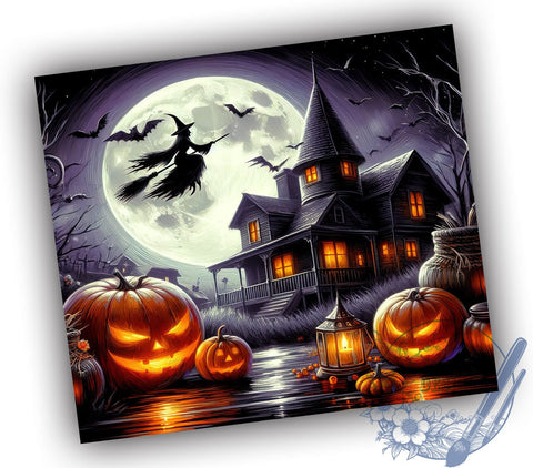 Haunted House 20oz Skinny Tumbler, Flying Witch Tumbler Png, Straight & Tapered Tumbler Wrap, Instant Digital Download Sublimation ToriDesigns 