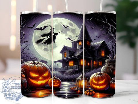 Haunted House 20oz Skinny Tumbler, Flying Witch Tumbler Png, Straight & Tapered Tumbler Wrap, Instant Digital Download Sublimation ToriDesigns 