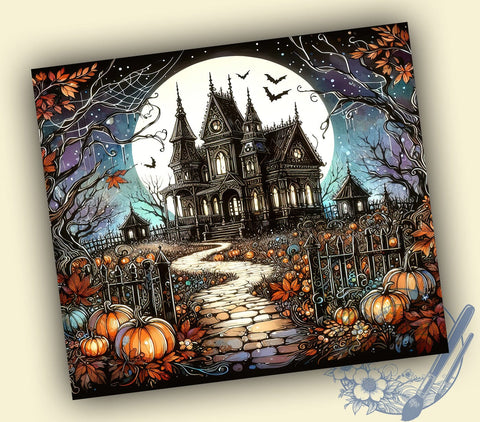 Haunted House 20oz Skinny Tumbler, Spooky Pumpkin Tumbler Png, Straight & Tapered Tumbler Wrap, Instant Digital Download Sublimation ToriDesigns 