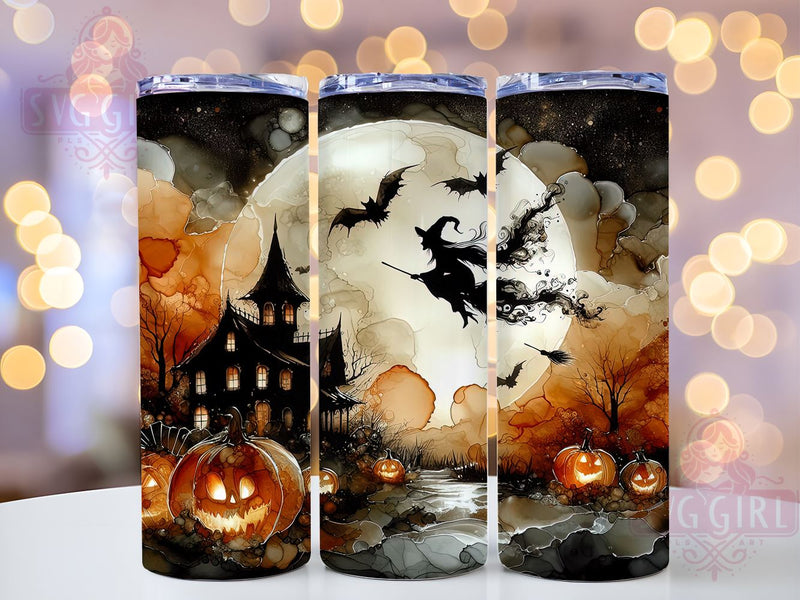 Haunted House 20oz Tumbler Wrap Sublimation Design, Straight Tapered Tumbler Wrap, Flying Witch & Full Moon Tumbler Png, Instant Digital Download Sublimation SvggirlplusArt 