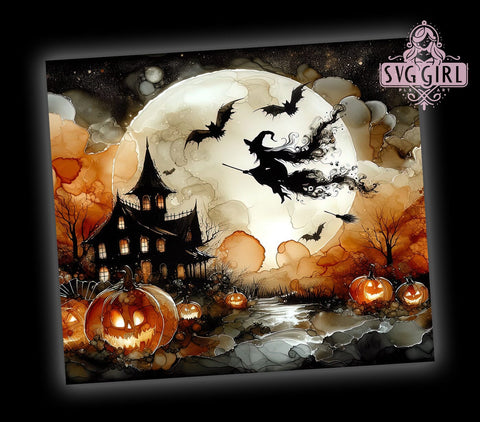 Haunted House 20oz Tumbler Wrap Sublimation Design, Straight Tapered Tumbler Wrap, Flying Witch & Full Moon Tumbler Png, Instant Digital Download Sublimation SvggirlplusArt 