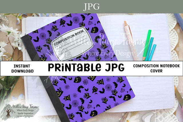 Haunted House Composition Notebook Cover – Spooky Bats, Cobwebs & Gothic Houses – Printable 6.9" x 10" JPG for 7.5" x 9.75" Notebooks – Halloween or Year-Round – 300 DPI Sublimation Willow Paige Farms 