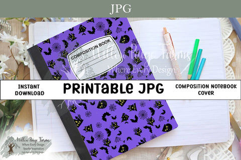 Haunted House Composition Notebook Cover – Spooky Bats, Cobwebs & Gothic Houses – Printable 6.9" x 10" JPG for 7.5" x 9.75" Notebooks – Halloween or Year-Round – 300 DPI Sublimation Willow Paige Farms 