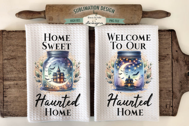 Haunted House Jars Halloween Kitchen Towel Sublimation PNG Sublimation Ewe-N-Me Designs 