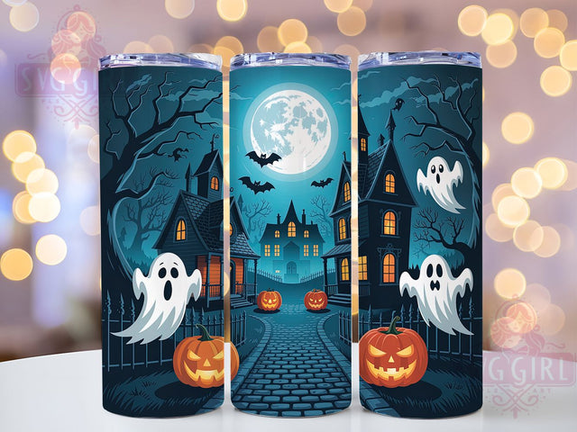 Haunted House Spooky Ghost Halloween Tumbler, Haunted House Wrap, Halloween Town Cup, Night Scene Drinkware, Ghostly 20oz Tumbler, Haunted Village Design, Creepy Halloween Art Sublimation SvggirlplusArt 