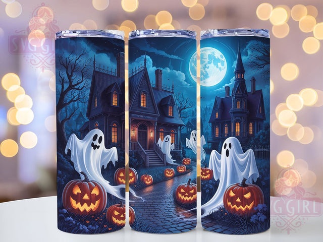 Haunted House Spooky Ghost Halloween Tumbler, Haunted House Wrap, Halloween Town Cup, Night Scene Drinkware, Ghostly 20oz Tumbler, Haunted Village Design, Creepy Halloween Art Sublimation SvggirlplusArt 