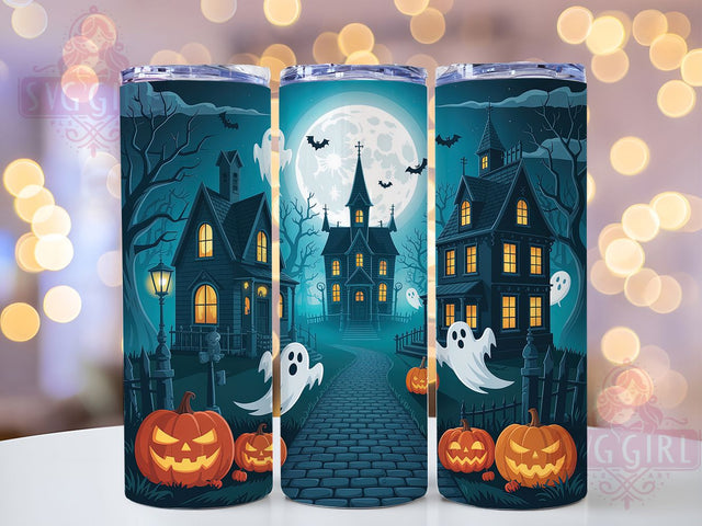 Haunted House Spooky Ghost Halloween Tumbler, Haunted House Wrap, Halloween Town Cup, Night Scene Drinkware, Ghostly 20oz Tumbler, Haunted Village Design, Creepy Halloween Art Sublimation SvggirlplusArt 