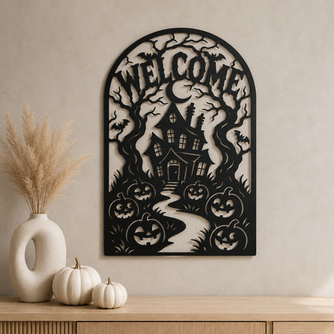 Haunted House Welcome Sign Laser SVG | Halloween DXF | Pumpkin Metal Art | Spooky Porch Decor | CNC Plasma Cut File SVG HappyDesignStudio 