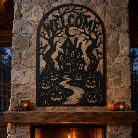 Haunted House Welcome Sign Laser SVG | Halloween DXF | Pumpkin Metal Art | Spooky Porch Decor | CNC Plasma Cut File SVG HappyDesignStudio 