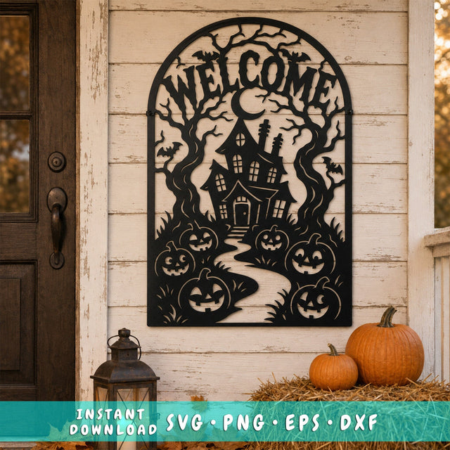 Haunted House Welcome Sign Laser SVG | Halloween DXF | Pumpkin Metal Art | Spooky Porch Decor | CNC Plasma Cut File SVG HappyDesignStudio 