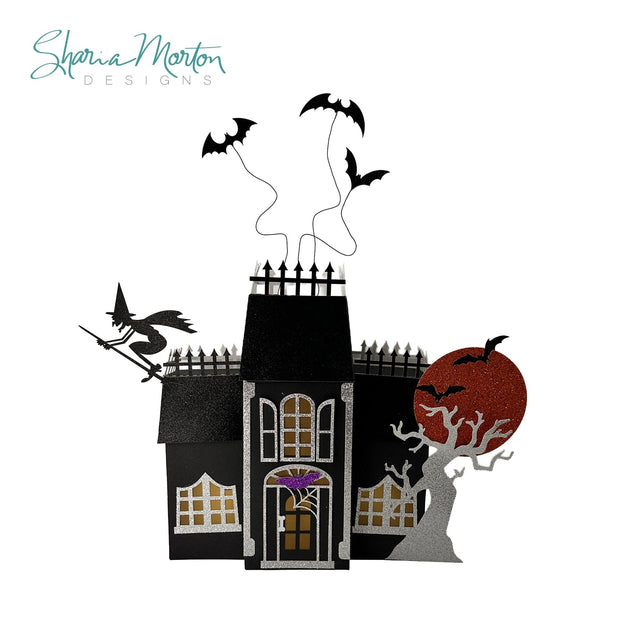 Haunted Mansion Halloween SVG | Spooky House Cut File with Witch, Bats, Creepy Tree & Moon | PNG DXF Cricut Silhouette SVG Sharia Morton Designs 