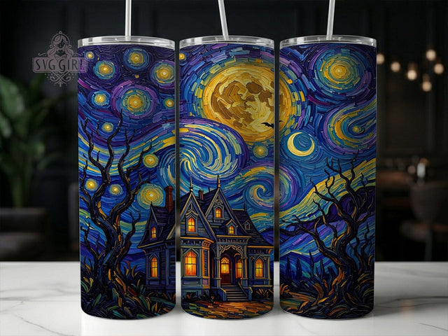 Haunted Moonlit House 20oz Tumbler, Haunted house design, Moonlit halloween scene, 20oz skinny tumbler, Halloween tumbler wrap, Spooky house print, Sublimation halloween design Sublimation SvggirlplusArt 