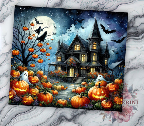 Haunted Pumpkin House 20oz Tumbler Wrap PNG, Halloween Pumpkins Tumbler Png, Straight & Tapered Tumbler Wrap, Instant Digital Download Sublimation Li Zamperini 
