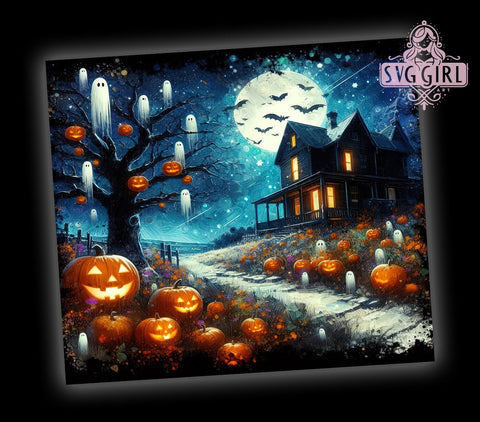 Haunted Pumpkin House 20oz Tumbler Wrap Sublimation Design, Straight Tapered Tumbler Wrap, Ghosts and Bats Tumbler Png, Instant Digital Download Sublimation SvggirlplusArt 