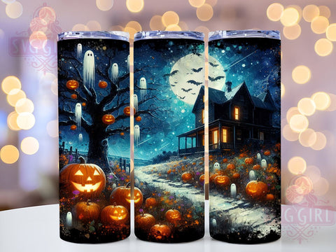 Haunted Pumpkin House 20oz Tumbler Wrap Sublimation Design, Straight Tapered Tumbler Wrap, Ghosts and Bats Tumbler Png, Instant Digital Download Sublimation SvggirlplusArt 