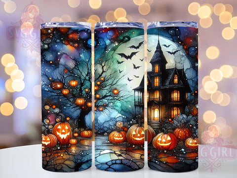 Haunted Pumpkin House 20oz Tumbler Wrap Sublimation Design, Straight Tapered Tumbler Wrap, Ghosts and Bats Tumbler Png, Instant Digital Download Sublimation SvggirlplusArt 