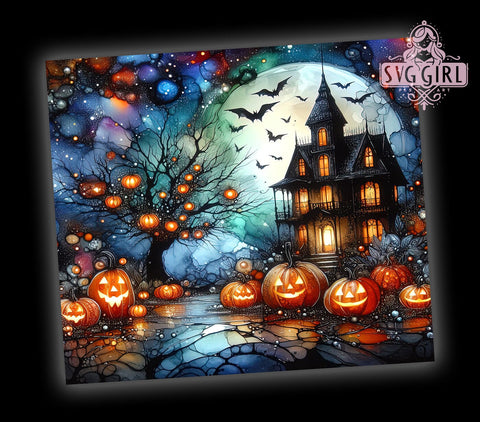 Haunted Pumpkin House 20oz Tumbler Wrap Sublimation Design, Straight Tapered Tumbler Wrap, Ghosts and Bats Tumbler Png, Instant Digital Download Sublimation SvggirlplusArt 