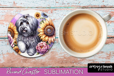 Havanese Round Coaster - Dog Mom Floral Coaster Sublimation Sublimation OrangeBrushStudio 