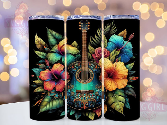Hawaiian Guitar Floral Tumbler Wrap, Floral Guitar Wrap, 20oz Sublimation Wrap, Tropical Music Cup, Guitar Lover Tumbler, Island Flowers Design, Beach Vibes Tumbler Sublimation SvggirlplusArt 