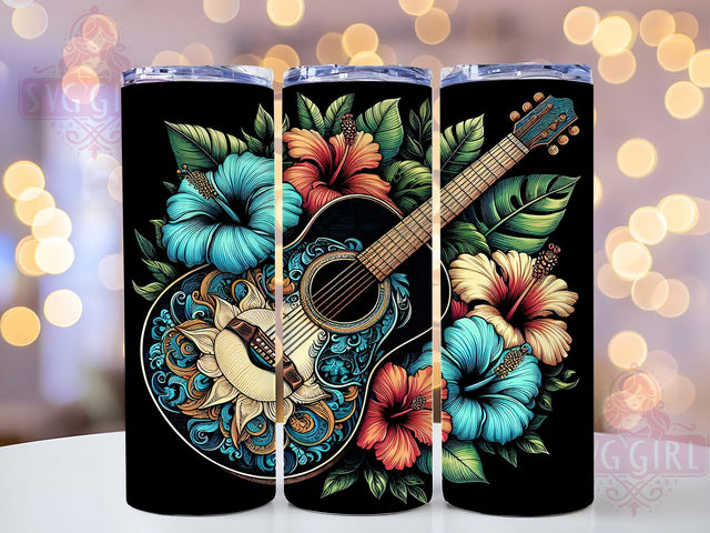Hawaiian Guitar Floral Tumbler Wrap, Floral Guitar Wrap, 20oz Sublimation Wrap, Tropical Music Cup, Guitar Lover Tumbler, Island Flowers Design, Beach Vibes Tumbler Sublimation SvggirlplusArt 