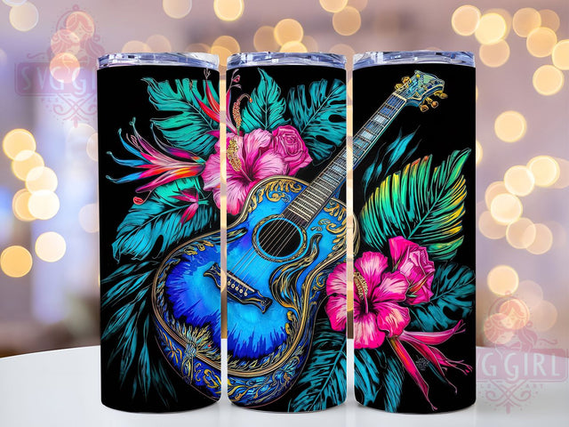 Hawaiian Guitar Floral Tumbler Wrap, Floral Guitar Wrap, 20oz Sublimation Wrap, Tropical Music Cup, Guitar Lover Tumbler, Island Flowers Design, Beach Vibes Tumbler Sublimation SvggirlplusArt 