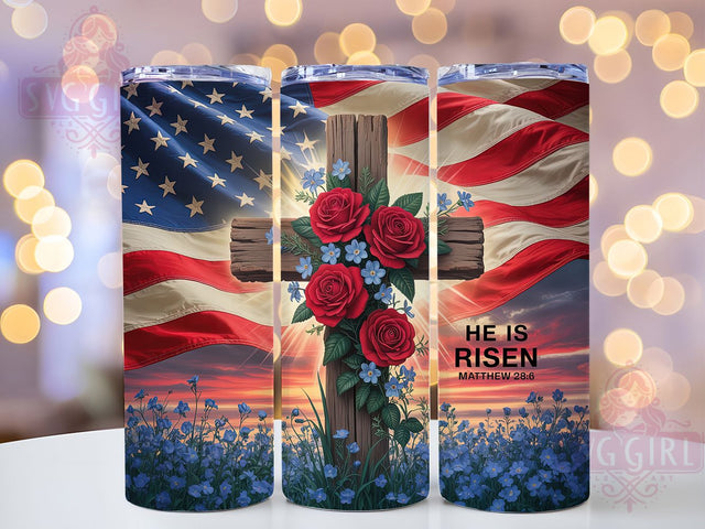 He Is Risen Christian Flag 20oz Tumbler, Christian Cross, American Flag, 20oz Wrap, Sublimation Design, Faith Tumbler, PNG File Sublimation SvggirlplusArt 