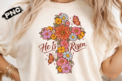 He Is Risen Floral Cross Easter PNG SVG DesignDestine 