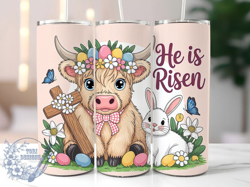 He Is Risen Highland Cow Tumbler, Easter Highland Cow Tumbler, Stylish 20oz Wrap, Sublimation Design, Trendy Gift Idea, Religious Easter Wrap, Inspirational Cow Tumbler Sublimation ToriDesigns 