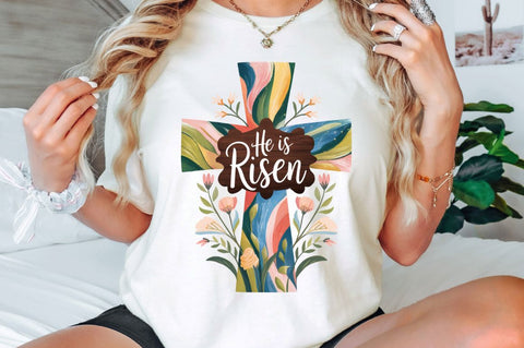 He Is Risen PNG, Easter Floral PNG, Christian Easter PNG, Easter Eggs PNG, Happy Easter PNG, Preppy Easter PNG, Easter PNG, Bible Verse PNG, He Is Risen Floral Cross PNG Sublimation Regulrcrative 