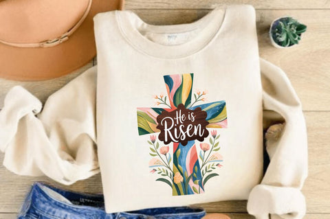 He Is Risen PNG, Easter Floral PNG, Christian Easter PNG, Easter Eggs PNG, Happy Easter PNG, Preppy Easter PNG, Easter PNG, Bible Verse PNG, He Is Risen Floral Cross PNG Sublimation Regulrcrative 