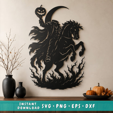 Headless Horseman Laser SVG | Halloween Horse Rider DXF | Pumpkin Rider CNC File | Spooky Metal Wall Art | Plasma Cut Design SVG HappyDesignStudio 