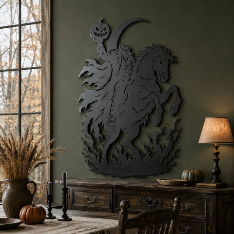 Headless Horseman Laser SVG | Halloween Horse Rider DXF | Pumpkin Rider CNC File | Spooky Metal Wall Art | Plasma Cut Design SVG HappyDesignStudio 