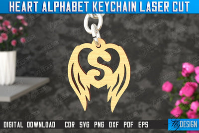 Heart Alphabet Keychain | Heart with Wings | Personalized Monogram | Love Sign | CNC File SVG Fly Design 