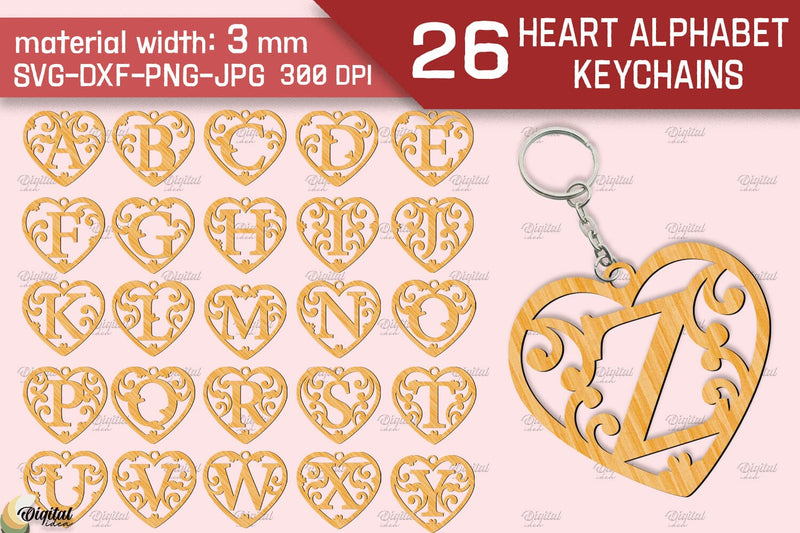 Heart Alphabet Keychain Laser Cut Bundle. Valentine Monogram SVG - So ...