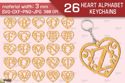 Heart Alphabet Keychain Laser Cut Bundle. Valentine Monogram SVG SVG Evgenyia Guschina 