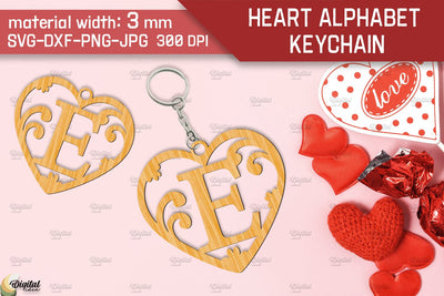 Heart Alphabet Keychain Laser Cut. Letter E. Valentine Monogram SVG SVG Evgenyia Guschina 