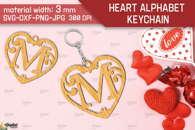 Heart Alphabet Keychain Laser Cut. Letter M. Valentine Monogram SVG SVG Evgenyia Guschina 