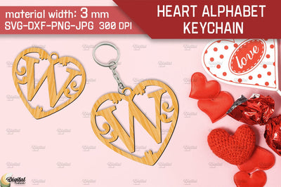 Heart Alphabet Keychain Laser Cut. Letter W. Valentine Monogram SVG SVG Evgenyia Guschina 