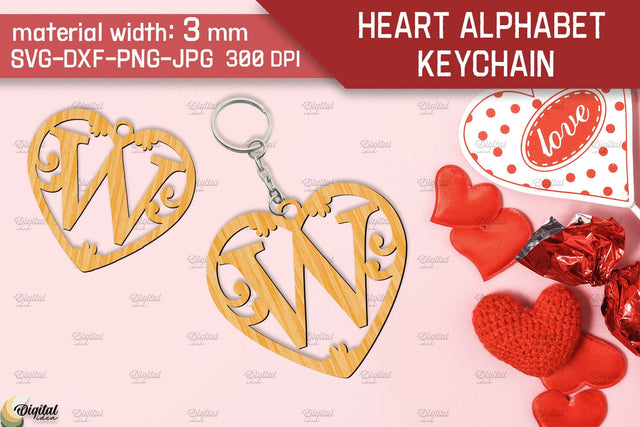 Heart Alphabet Keychain Laser Cut. Letter W. Valentine Monogram SVG SVG Evgenyia Guschina 