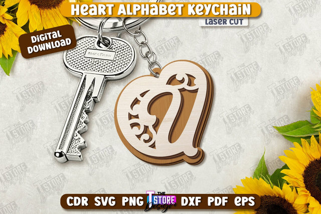 Heart Alphabet Keychain Laser Cut | Monogram Keyring | Letters | CNC File SVG The T Store Design 