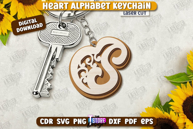 Heart Alphabet Keychain Laser Cut | Monogram Keyring | Letters | CNC File SVG The T Store Design 