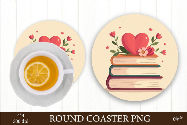 Heart and Book Coaster PNG. Round Coaster PNG Sublimation Olga Terlyanskaya 