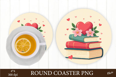 Heart and Book Coaster PNG. Valentine Round Coaster PNG Sublimation Olga Terlyanskaya 