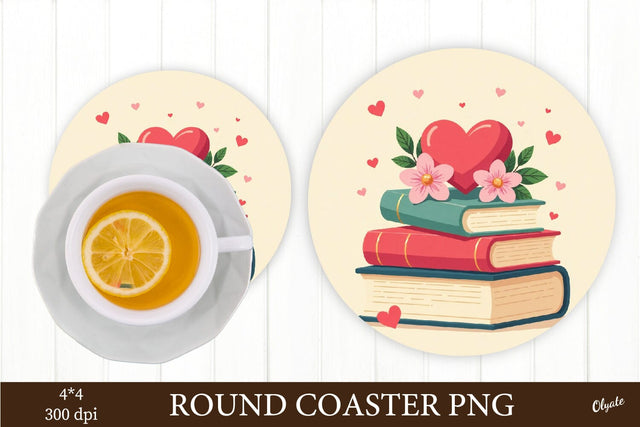 Heart and Book Coaster PNG. Valentine Round Coaster PNG Sublimation Olga Terlyanskaya 
