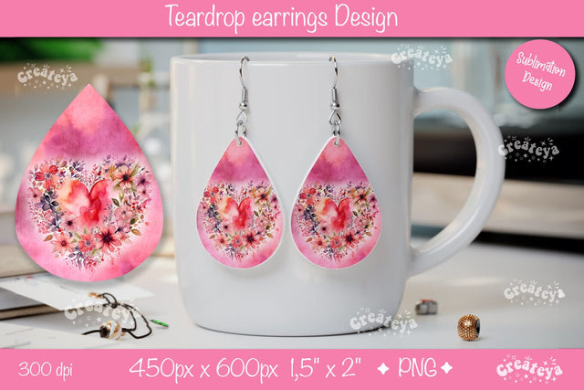 Heart and Floral Earrings – Teardrop Valentine Sublimation Design Sublimation Createya Design 