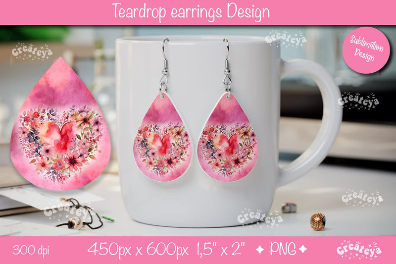 Heart and Floral Earrings – Teardrop Valentine Sublimation Design Sublimation Createya Design 