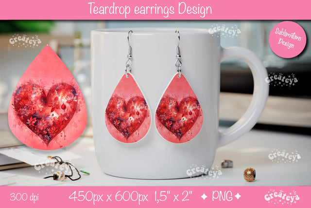 Heart and Flower Teardrop Earrings – Valentine Sublimation Design Sublimation Createya Design 